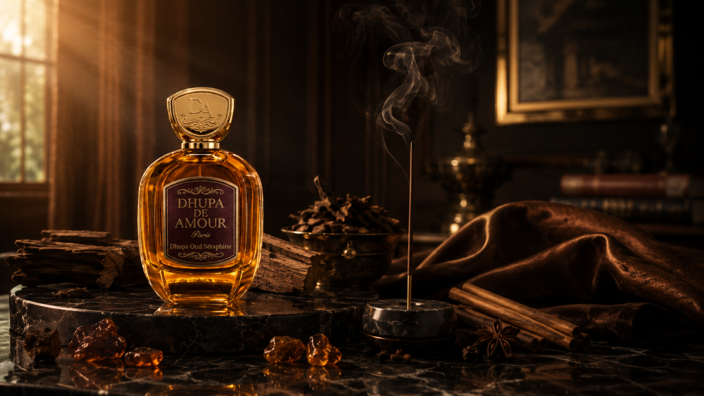 Parfum Dhupa Oud Séraphine dari Dhupa De Amour dengan oud, sandalwood, dan amber berkarakter woody elegan