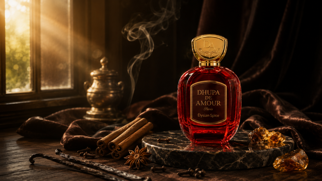 Dhupa De Amour Élysian Spice parfum pria dengan aroma spicy dan vanilla
